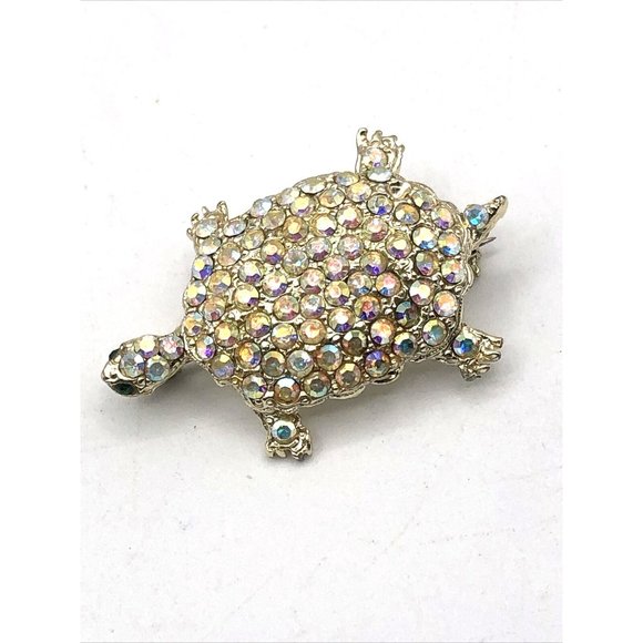 Vintage Turtle AB Glass Rhinestone Brooch Pin Goldtone Figural Animal - Picture 9 of 9